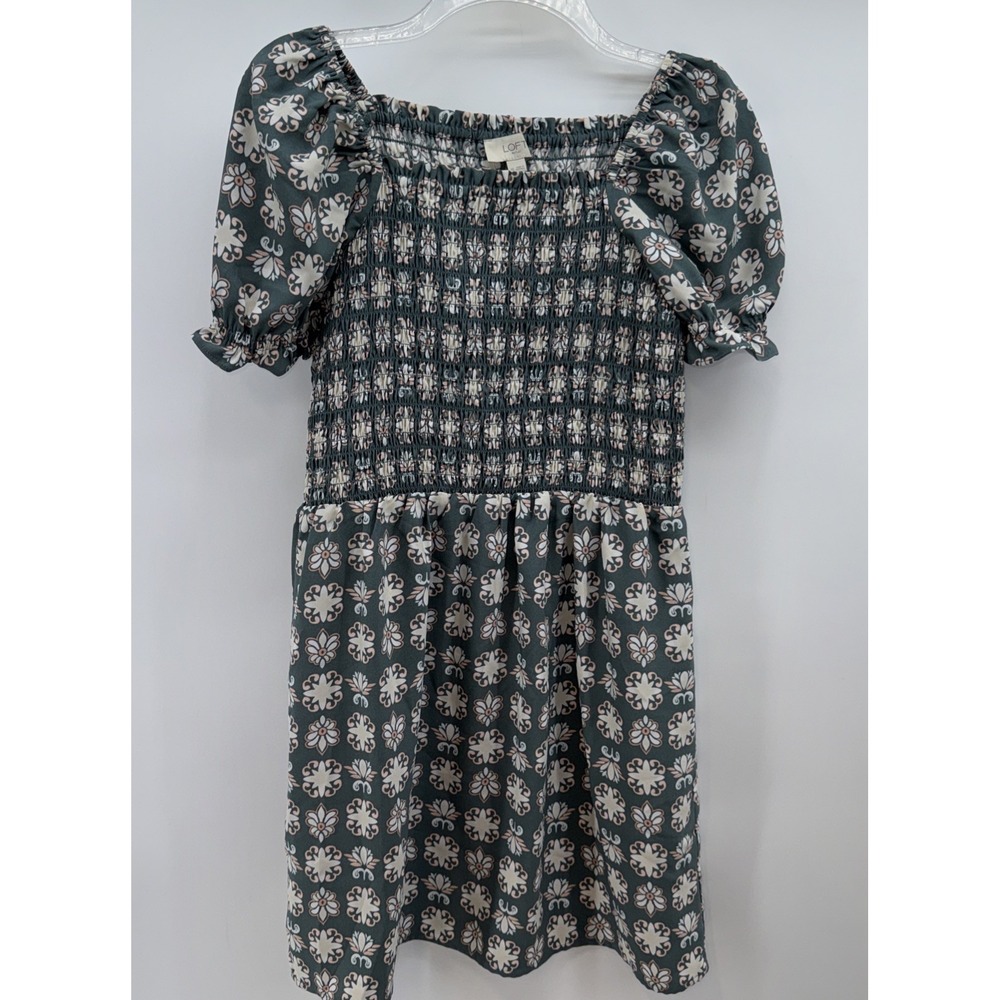 Loft Green Floral Smocked Babydoll Puff Short Sleeves Mini Dress Womens XS